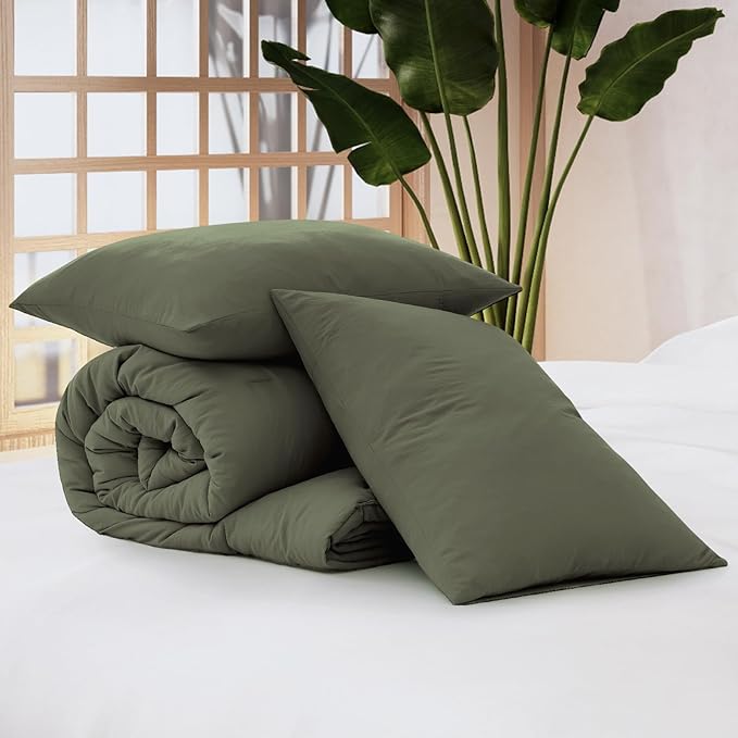 WRENSONGE Twin/Twin XL Comforter Set - 2 Pieces Olive Green Comforter Prewashed Soft Lightweight for All Seasons,Fluffy Down Alternative Twin XL Comforter with 1 Pillow Sham