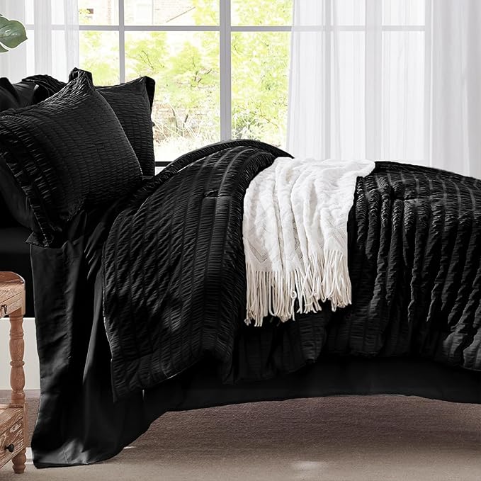 Zzlpp Black Full Comforter Set 7 Pieces, Seersucker Bed in a Bag with Comforter and Sheets, All Season Bedding Sets with 1 Comforter, 2 Pillow Shams, 2 Pillowcases, 1 Flat Sheet, 1 Fitted Sheet