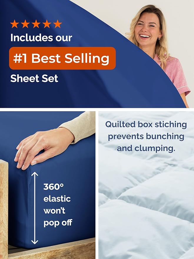 Twin XL Comforter Set - 5 Piece Bed in a Bag Twin XL Size Bed Set - Down Alternative Comforter, Flat Sheet, Fitted Sheet, Pillowcase & Sham for All Seasons - Soft and Breathable - Navy Blue/Sky Blue