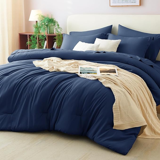 CozyLux Full Comforter Set Navy Blue, 7 Pieces Bed in a Bag, Bedding Comforter Set with Sheets, All Season Boho 7PC Bed Sets with Comforter, Fitted Sheets, Flat Sheets, Pillow Shams and Pillowcases