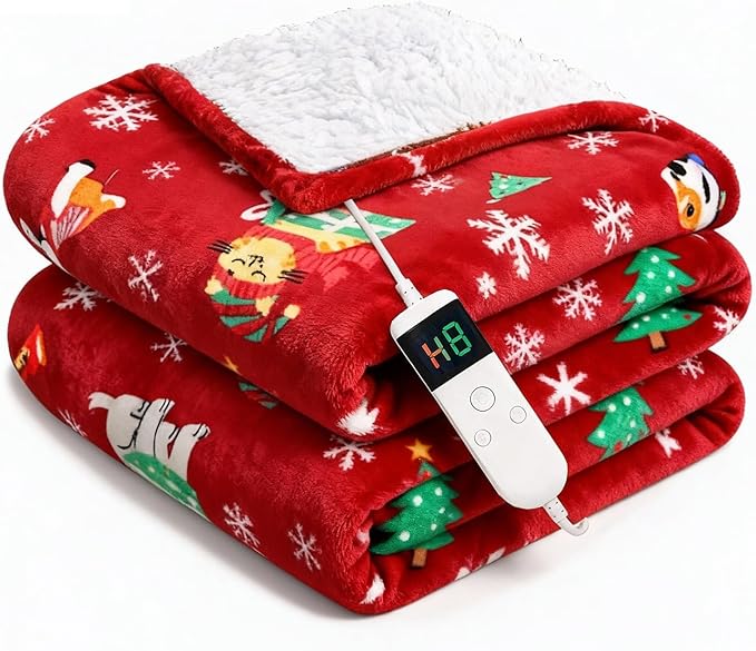 Electric Blanket Heated Throw, Soft Flannel 50"x60" Plaid Heating Blanket with 8 Hours Auto Off 10 Fast Heating Levels Machine Washable Sherpa Heated Blanket with Overheating Protection