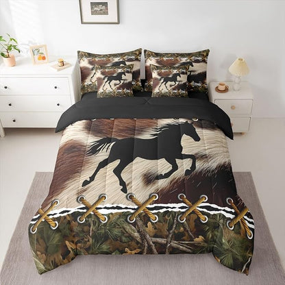 Erosebridal Camo Twin Comforter Set with Sheets | Western Horse 7 Piece Bedding Set Mens Camouflage Country Bed in a Bag, Farmhouse Woodland Animals Room Decor,Rustic Cabin Decor Camo Bed Set