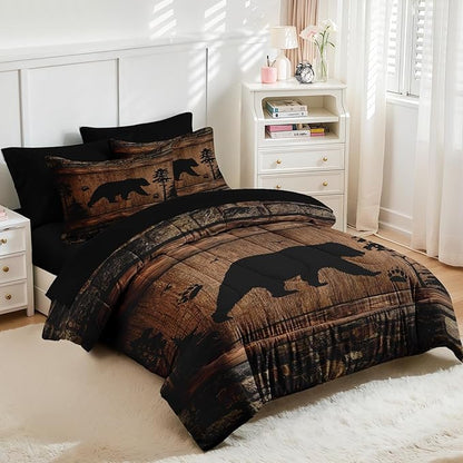 Nesker 7 Pcs Comforter Set Queen Size, Wild Animal Brown Wooden Plank Bedding Set for Kids and Adults, Bears Farmhouse Cabin Rustic Sheets Bed Sheet Sets with Fitted Sheet 2 Pillowcases & 2 Shams