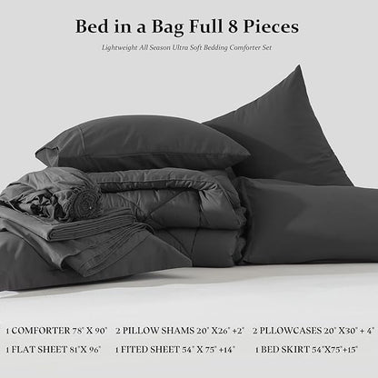 Newspin Full Comforter Set Dark Grey - Bed in a Bag Full Size 8 Pieces, All Season Bed Set, Fluffy Comforter Set with Sheets, Sheet Set Quilt Blanket, Pillowcases & Shams & Bed Skirt