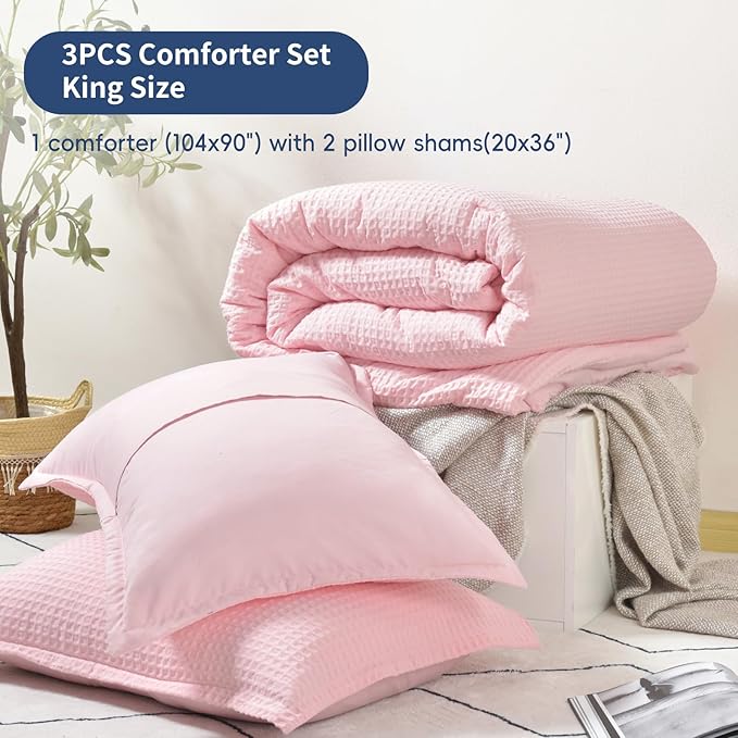 David's Home Waffle Weave Comforter Set 3PCS King Size, Soft Breathable Lightweight Cozy Skin-Friendly Warm for All Season, Elegant Aesthetic Home Decor Bedding Set with Pillow Shams, Pink