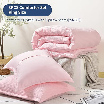 David's Home Waffle Weave Comforter Set 3PCS King Size, Soft Breathable Lightweight Cozy Skin-Friendly Warm for All Season, Elegant Aesthetic Home Decor Bedding Set with Pillow Shams, Pink