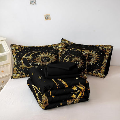 Black Gold Comforter Sets Sun and Moon Bedding Gold Stars Starry Sky Galaxy Theme Boho Chic Bedding Comforter Paisley Floral Botanical Exotic Comforter King Bed in A Bag