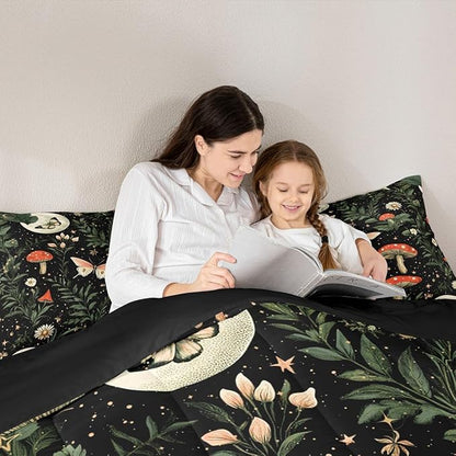 Erosebridal Red Mushroom Bedding Set King for Kids, Gothic Moth Comforter Set Butterfly Vintage Plants Boho Floral Comforter for Boys Girls Teens Women Men, Moon and Starry Star Black Quilt