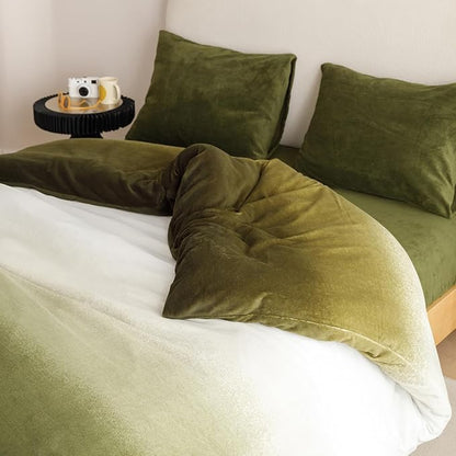 CLOTHKNOW Green White Fluffy Queen Comforter Set Velvet Bedding Comforter Sets Olive Green Comforter Soft Comforter Queen with 2 x Pillow Cases