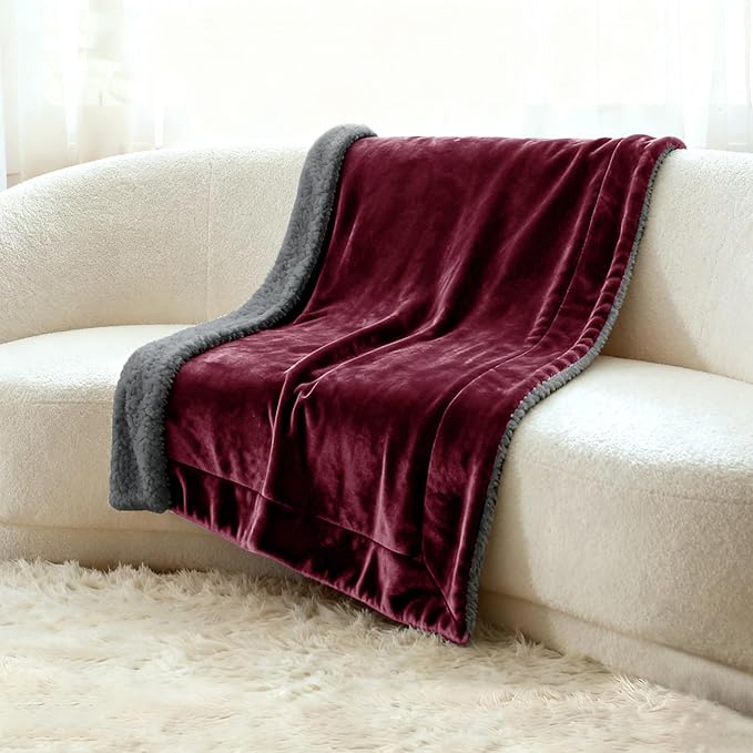 Genteele Sherpa Throw Blanket Super Soft Reversible Ultra Luxurious Plush Blanket, 50 x 60 inches, Rich Burgundy Red/Gray