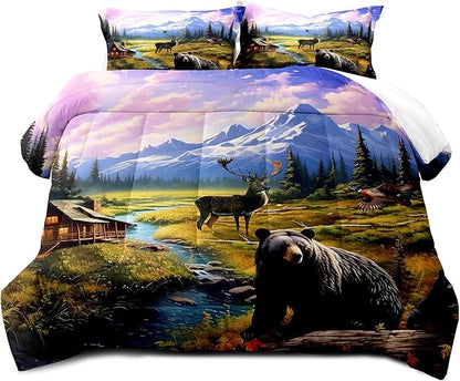 LUVIVIHOME 2PCS Black Bear Deer Comforter Set Twin Size, Mallard Duck Moose Mountain Lake Forest Animal Wildlife Hunting Hunter Country Lodge Rustic Farmhouse Cabin Bedding Sets, 1 Pillow Sham