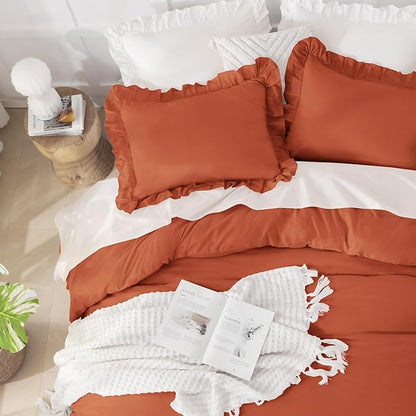 Andency Terracotta Ruffle Comforter Twin XL(68x92Inch), 2 Pieces(1 Ruffled Comforter and 1 Pillowcase) Solid Farmhouse Shabby Chic Bed, Vintage Rustic Soft Microfiber Bedding Set