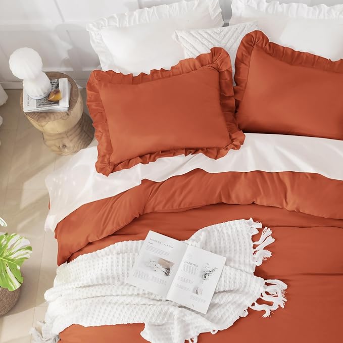 Andency Terracotta Ruffle Comforter Full(79x90Inch), 3 Pieces(1 Ruffled Comforter and 2 Pillowcases) Solid Farmhouse Shabby Chic Bed, Vintage Rustic Soft Microfiber Bedding Set