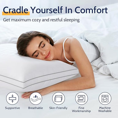 Pillows Queen Size Set of 2, Gusseted Bed Pillows for Sleeping 2 Pack, Luxury Hotel Quality, Supportive Queen Pillow with Soft Down Alternative for Back Stomach Side Sleepers, Machine Washable