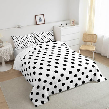 Manfei Black Polka Dots Comforter Set King Size,French Style Dots Cartoon Cute Bedding Set 3 Pcs for Adults,Geometric Circles Black White Simple Art Comforter,2 Pillowcases
