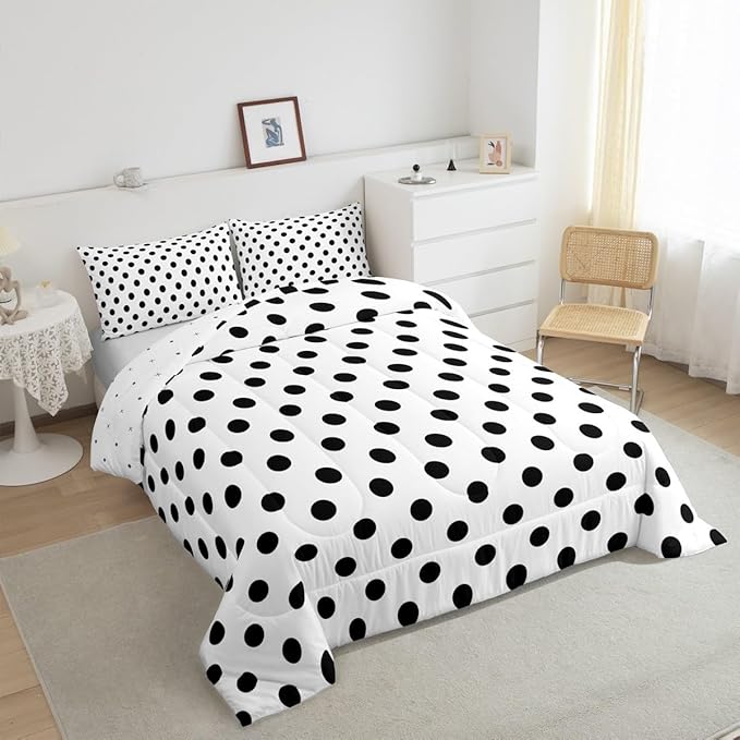 Manfei Black Polka Dots Comforter Set Queen Size,French Style Dots Cartoon Cute Bedding Set 3 Pcs for Teens Adults,Geometric Circles Black White Simple Art Comforter,2 Pillowcases