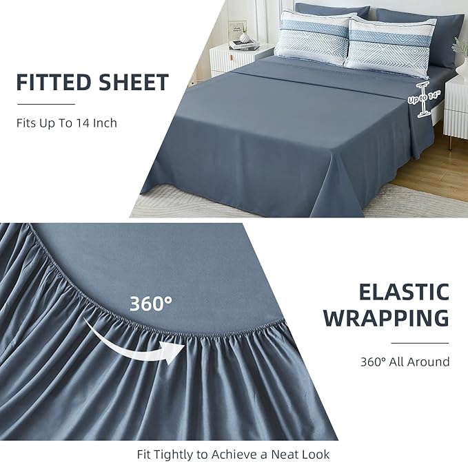 Drucon Comforter Set California King Size 7 Piece Bed in a Bag Boho Blue Striped Bedding Set Soft Microfiber Comforter and Sheet Set for All Season (Cal King, 104"x96")