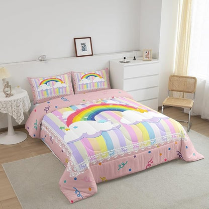 Pretty Rainbow Kids Comforter Set Queen Size,Colorful Dots Stripes Kawaii Sketch Reversible Bedding Set for Bedroom Soft Decor Cute Stars Lace Print Plaid Quilted Duvet,2 Pillowcases