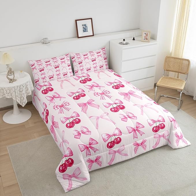 Erosebridal Pink Plaid Bow Bedding Comforter Sets Full Cute Bowknot Comforter Set Girls Grids Ribbon Bow Cherry Bedding Set Kawaii Watercolor Duvet Insert for Kids Teen Women Room Decor 3 Pcs