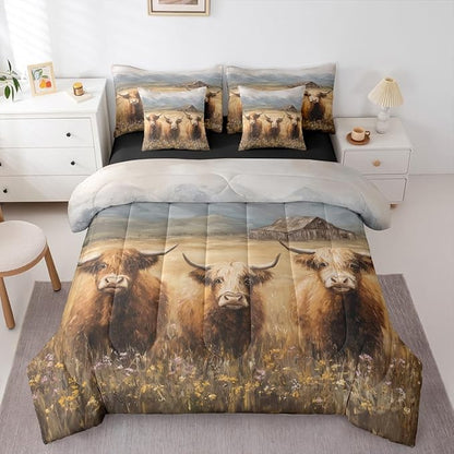 Erosebridal Western Highland Cow Comforter Sets with Sheets, Flower Highland Bull Bedding Set Twin for Boys Girls Rustic Farm Animal 7Pcs Bed in A Bag Watercolor Floral Farmhouse Bed Set