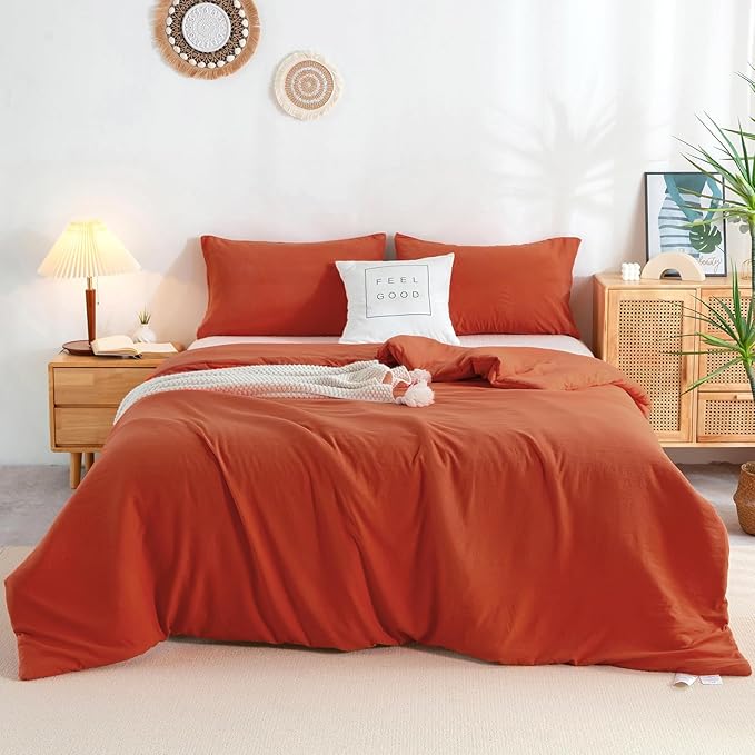 COTTEBED Orange Queen Comforter Sets Clearance Prime, Soft Washed Cotton Lightweight All Season Full Sized Bedding Down Alternative Conforters Pillowshams Men Women(Pumpkin Bright Orange,Queen/Full)