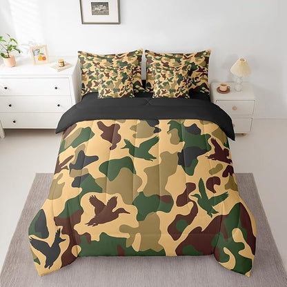 Erosebridal Camo Duck 7 Pcs Comforter Set Full Size Camouflage Bedding for Kids Hunting Farmhouse Camping Sheet Set Bed in A Bag Vintage Army Green Yellow Room Decor Wild Animal Rustic Bed Set