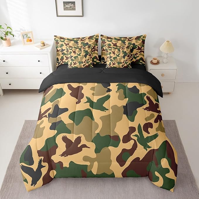 Erosebridal Camo Duck 7 Pcs Comforter Set Queen Size Camouflage Bedding for Kids Hunting Farmhouse Camping Sheet Set Bed in A Bag Vintage Army Green Yellow Room Decor Wild Animal Rustic Bed Set