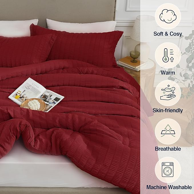 California King Comforter Set Dark Red,3PCS Seersucker Lightweight Bedding Comforter for All Season, Calking Size(104''×96'' Comforter & 2 Pillowcases)
