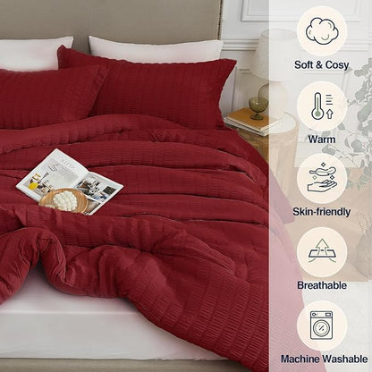 Oversized Queen Comforter Set Dark Red,Extra Length Fit for Thick Mattresses,3PCS Seersucker Bedding Comforter for All Season, Oversized Queen Size(98''×98'' Comforter & 2 Pillowcases)