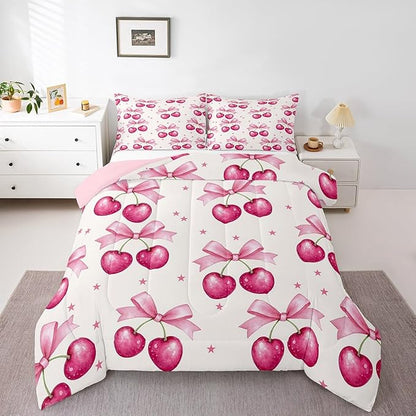 Feelyou Pink Girls Bow Bedding Set Boys Girls Toddler Size Bow Comforter Set for Kids Women Men Ultra Soft Kawaii Cherry Prints Comforter Cute Bowknot Duvet Set Room Decor Lovely Quilt Set