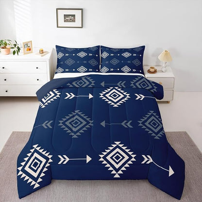 Feelyou Blue Western Bedding Set Toddler Size Kids Southwestern Aztec Tribal Comforter Set for Boys Girls Bohemian Duvet Quilt