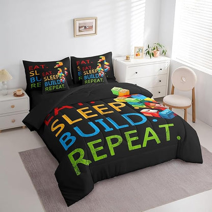 Feelyou Colorful Toy 7 Piece Bedding Set Teen Women Men Funny Building Blocks Decoration Comforter Set with Sheets King Size Kids Boys Cute Games Bed in a Bag Colorful Geometric Brick Room Decor