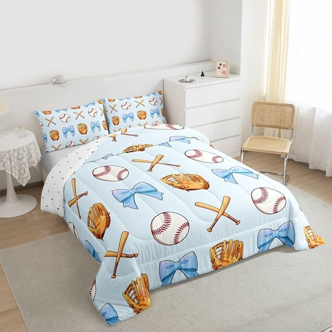 Baseball Bowknot Comforter Set Twin Size,Blue Bow Tie Knot Bedding Sets 2Pcs for Kids Girls Boys Women Room Decor,Baseball Bat Gloves Duvet Insert Ball Sport Games Down Comforter,1 Pillowcase