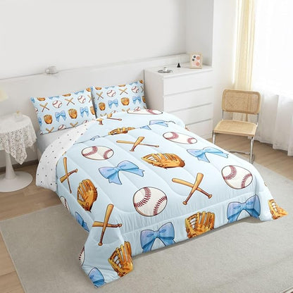 Baseball Bowknot Comforter Set Twin Size,Blue Bow Tie Knot Bedding Sets 2Pcs for Kids Girls Boys Women Room Decor,Baseball Bat Gloves Duvet Insert Ball Sport Games Down Comforter,1 Pillowcase