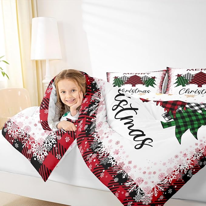 Geometric Christmas Tree Comforter Set Twin Size,Red Green Black Plaid Bedding 2pcs for Kids Girls Boys Room Decor,Xmas Snowflake Quilted Duvet Happy New Year Bedspread with 1 Pillowcase