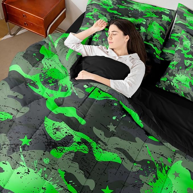 Erosebridal Camouflage King Comforter Set Watercolor 7-Piece Bed in A Bag Stars Ombre Watercolor Camo Ink Splash Sheets and Pillowcases Grey Green Bed Sets