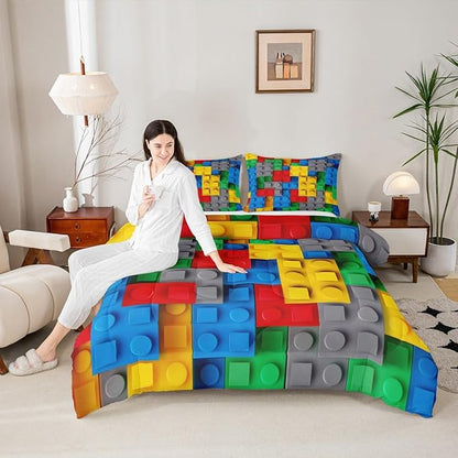 Erosebridal Construction Queen Comforter Set Colorful Bedding Set 3D Building Blocks Quilt,Kids Boys Bricks Duvet Insert Rainbow Gradient Room Decor for Teen Girls,Red Yellow Green Blue Grey