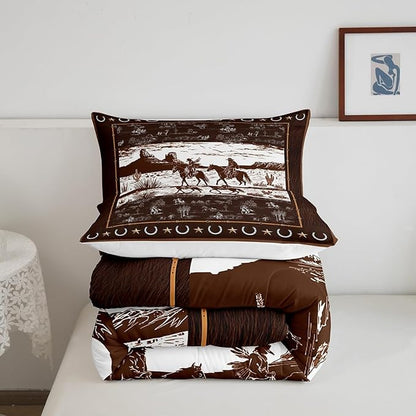 Feelyou Western Aztec Comforter Set Toddler Size Horse Cowboy Bedding Set for Boys Men Kids Teens Rustic Western Decor Country Wild West Down Comforter Brown Duvet Set with 1 Pillowcase