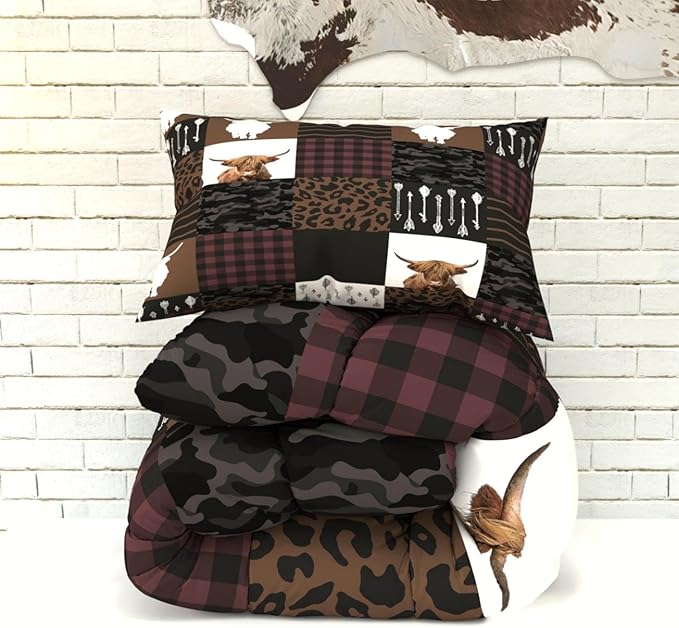 Highland Cow Comforter Sets for Kids Adults,3D Pattern with Dark Brown Colors,Decorative Bedding Comforter Sets with 2 Pillow Shams, Full Size