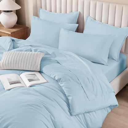 Litanika Twin/Twin XL Size Comforter Sets Grey Light Blue - 5 Pieces Bed in a Bag Twin/Twin XL Bedding Comforter Sets, Solid Lightweight Bed Set with Comforter, Sheets, Pillowcase & Sham