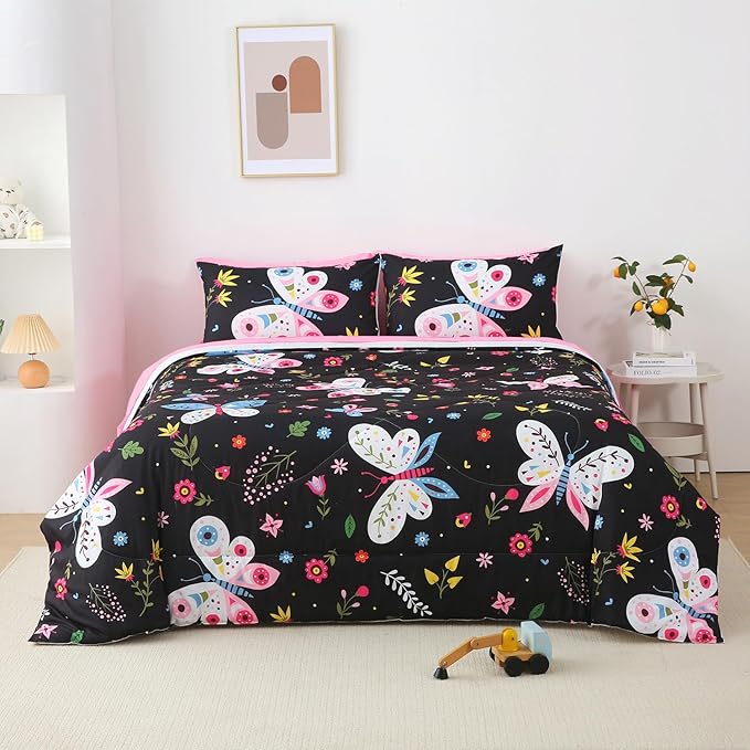 Girls Butterfly Comforter Set Queen Size Black 7 Piece Bed in A Bag Colorful Flowers Leaves Bedding Set for Kids Teens Adults Super Soft All Season