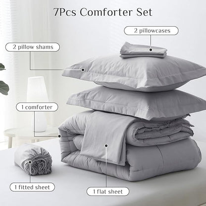JOLLYVOGUE King Comforter Set, Ultra-Soft Bed in a Bag King Size 7 Pieces, Oeko-TEX Certified Bedding Set with Down Alternative Comforter, Sheets, Pillowcases & Shams, Light Grey