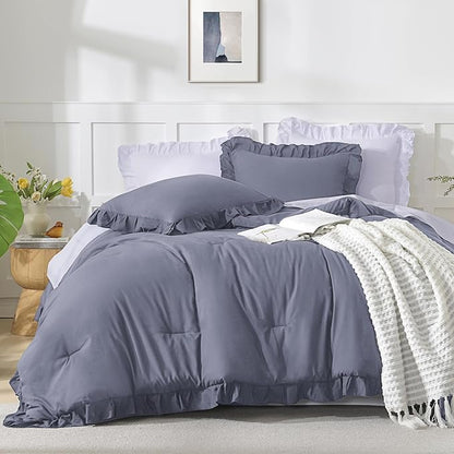 Andency Dark Blue Grey King Size Comforter Set, 3 Pieces Solid Farmhouse Shabby Chic Bedding Comforters & Sets, All Season Western Rustic Soft Down Alternative Bed Set for Adult Men Women