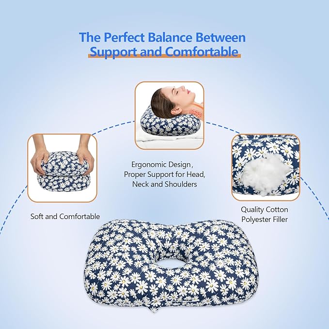 Ear Piercing Pillow for Side Sleepers, Pillow with an Ear Hole for CNH and Ear Pain Ear Inflammation Pressure Sores (Blue Flowers, 17.3"x12.6"x2")