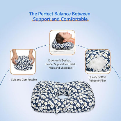 Ear Piercing Pillow for Side Sleepers, Pillow with an Ear Hole for CNH and Ear Pain Ear Inflammation Pressure Sores (Blue Flowers, 17.3"x12.6"x2")