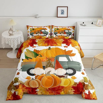 Fall Pumpkins Comforter Set Cute Autumn Gnomes Bedding Sets Thanksgiving Harvest Season Theme Comforter Full Gifts For Kids Teen Adults,Maple Leaves Soft Microfiber Quilt Duvet 2 Pillow Cases
