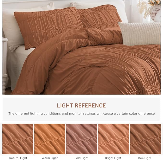 Lady Ann Oversized King 128x120 Comforter Set - Pumpkin Ruched Bedding, 3-Piece Fluffy Ruffle Bedding Comforter Set for Women, Ultra Soft and Luxurious All-Season Boho Bedding Set for Bedroom.