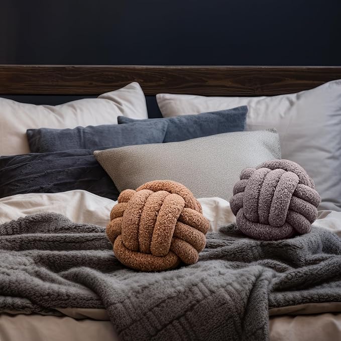 4 Pcs Knot Pillow Ball Soft Sherpa Throw Pillow 8.6'' Decorative Round Accent Pillows Aesthetic Decor Handmade Cushion for Home Couch Bed Sofa Chair(Soft)