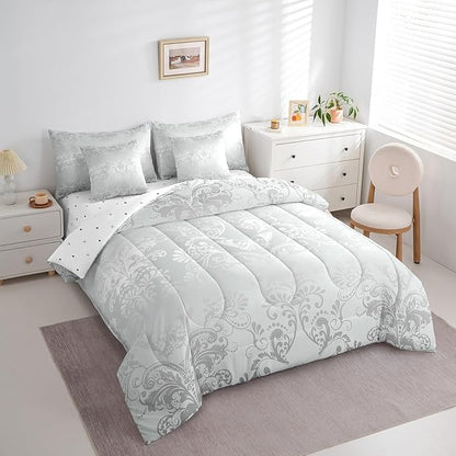 Erosebridal Gothic Damask Comforter Set 7 Piece Bed in a Bag Twin,Butterfly Skull Bedding Sets Silver White Victorian Floral Goth Sheet Set with Comforter