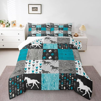 Horse Comforter Set King Size Patchwork Teal Unicorn Bedding Set For Kids Boys Girls Black Gray Wild Horses Wood Grain Down Comforter Geometric Lattice Arrow Grid Animal Room Decor Duvet Set